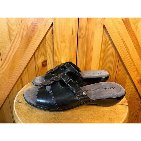 Clarks Women’s Sandals Black Sz 9M Leather  Slides Twists - Picture 1 of 8